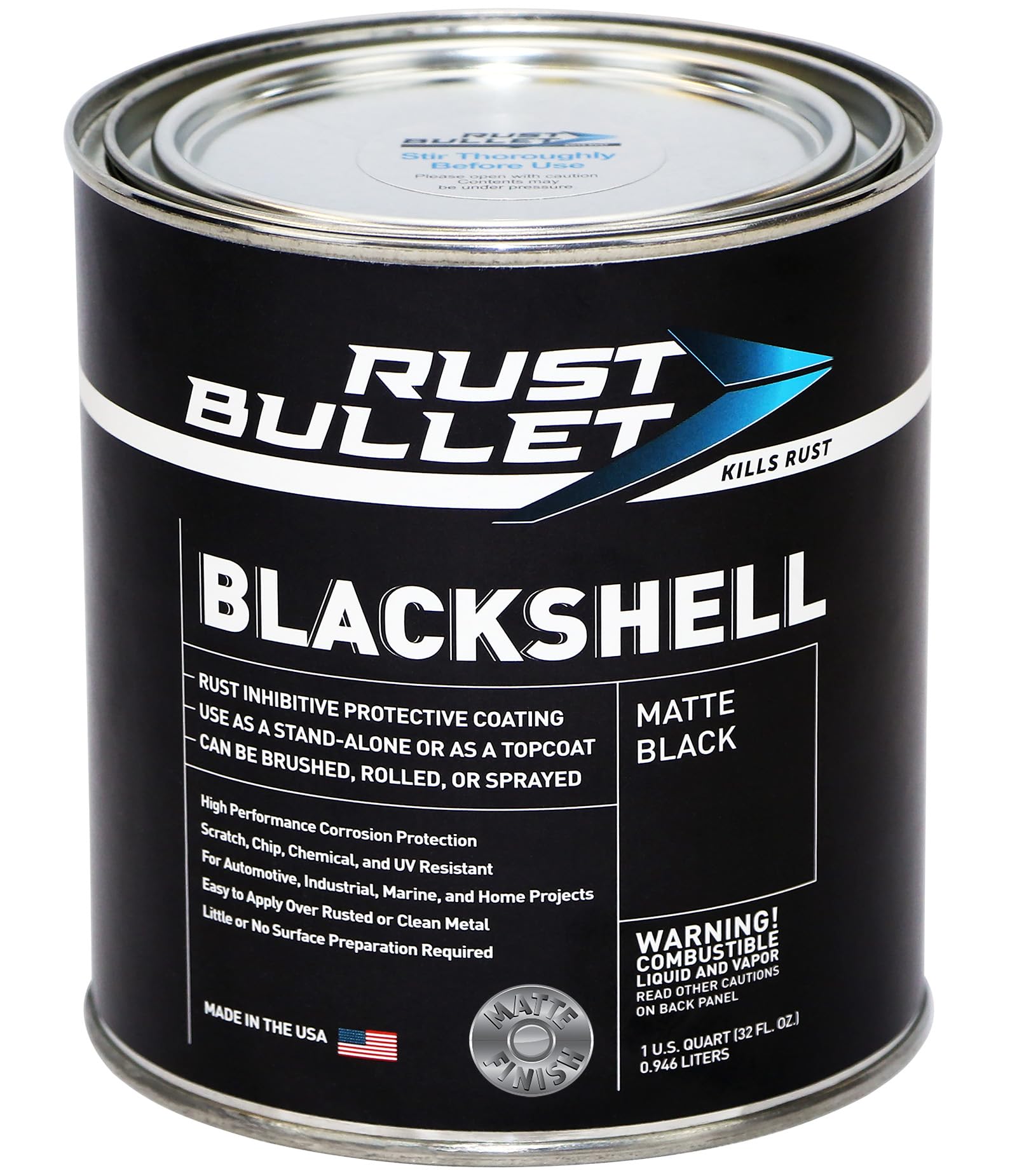 RUST BULLET BlackShell Matte front quart can showing product identity and benefit