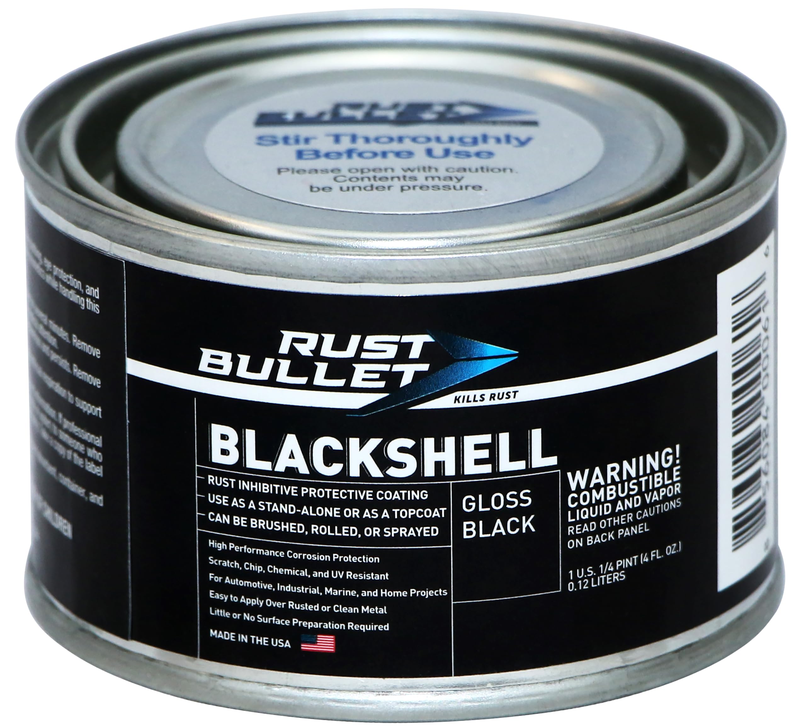 RUST BULLET front can showing gloss black finish and compact 1/4pt size