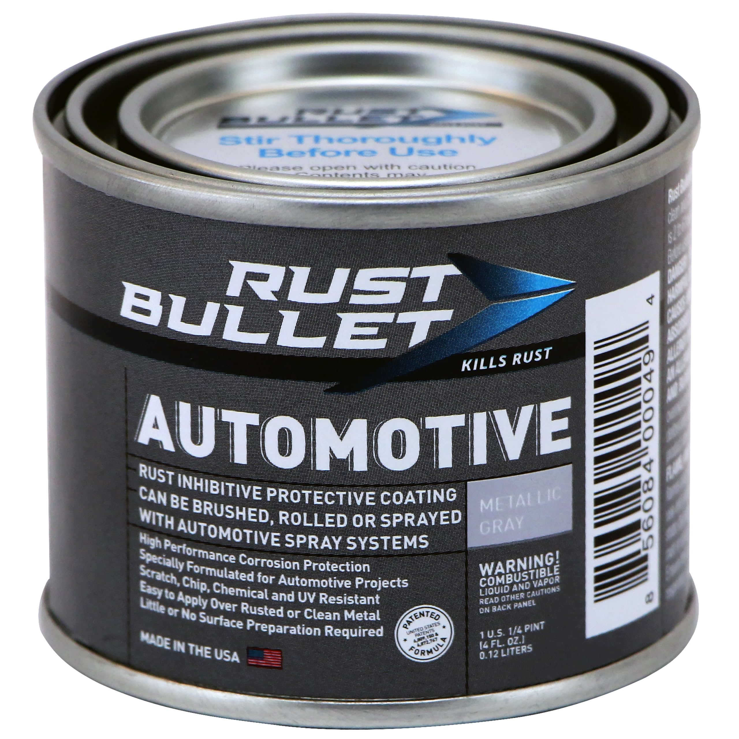 RUST BULLET front can showing metallic gray label and benefit of rust protection