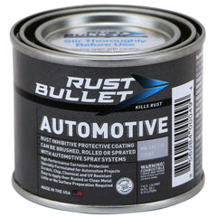 RUST BULLET front can showing metallic gray label and benefit of rust protection
