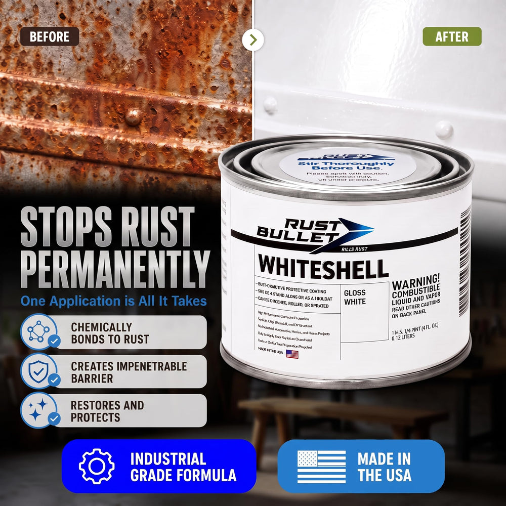 RUST BULLET close-up of WhiteShell gloss highlighting bright durable finish