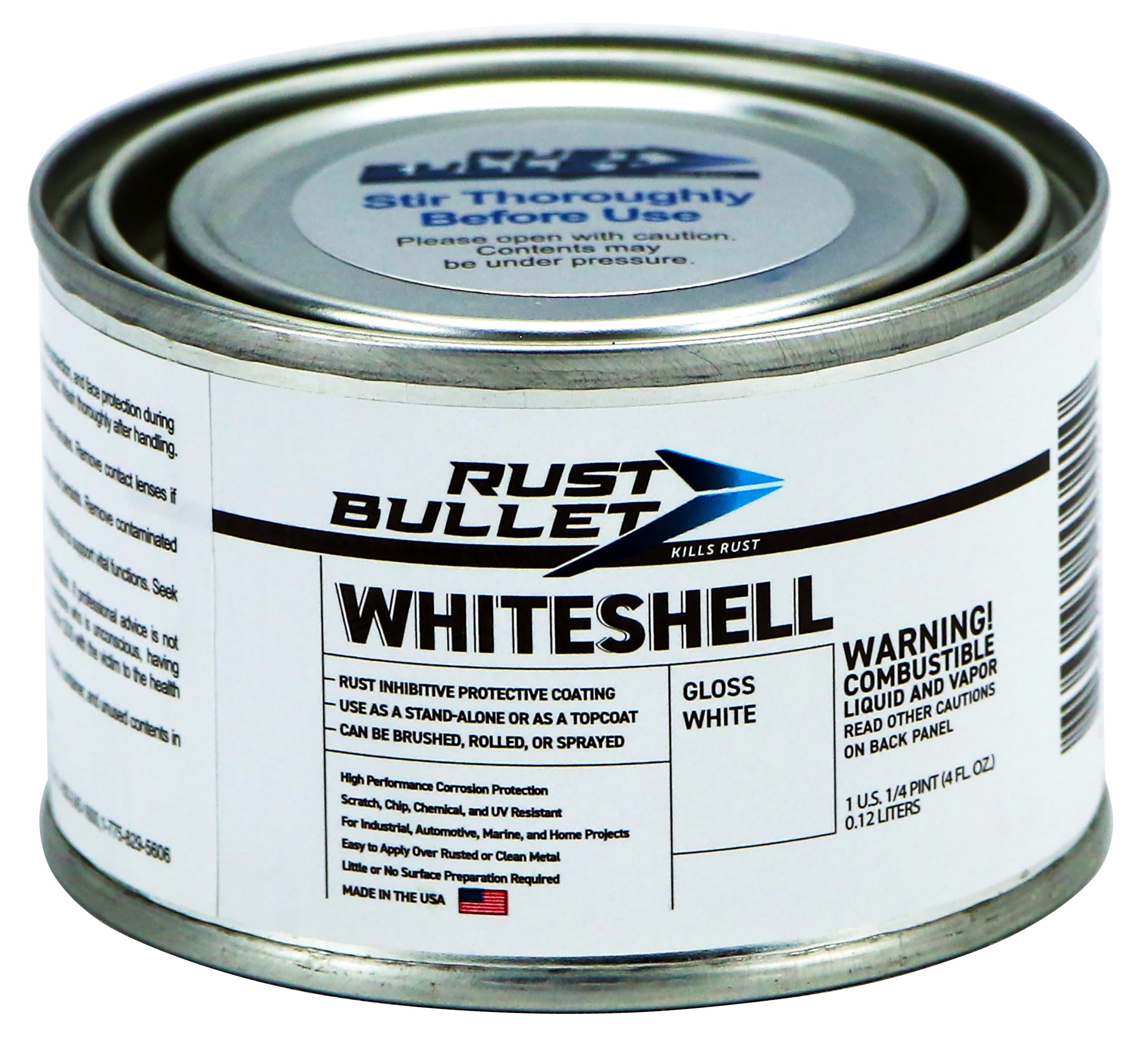 RUST BULLET front can showing WhiteShell quarter pint glossy white protection