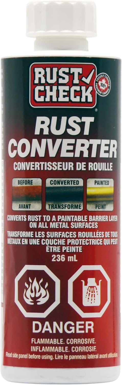Rust Check front packaging showing 236mL bottle and benefits
