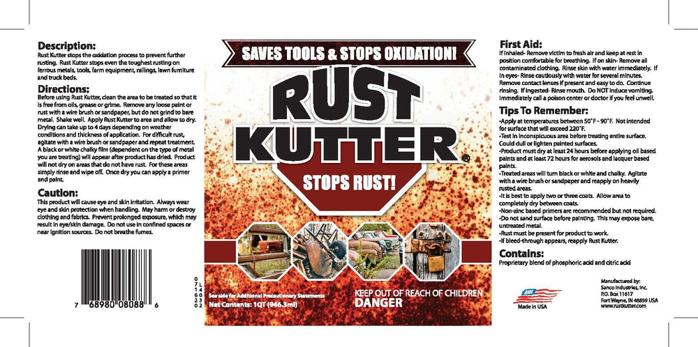 Rust Kutter gallon next to hand showing product size and project readiness benefit