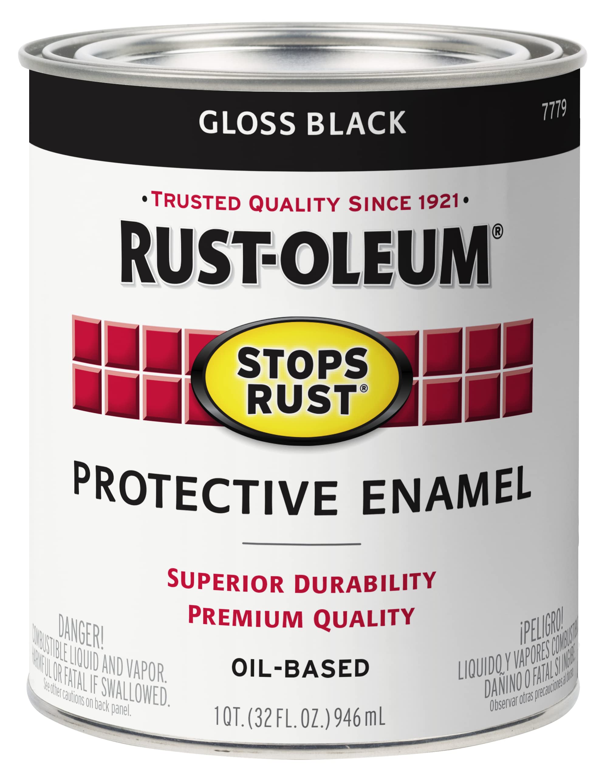 Rust-Oleum gloss black can front showing product and protective benefit