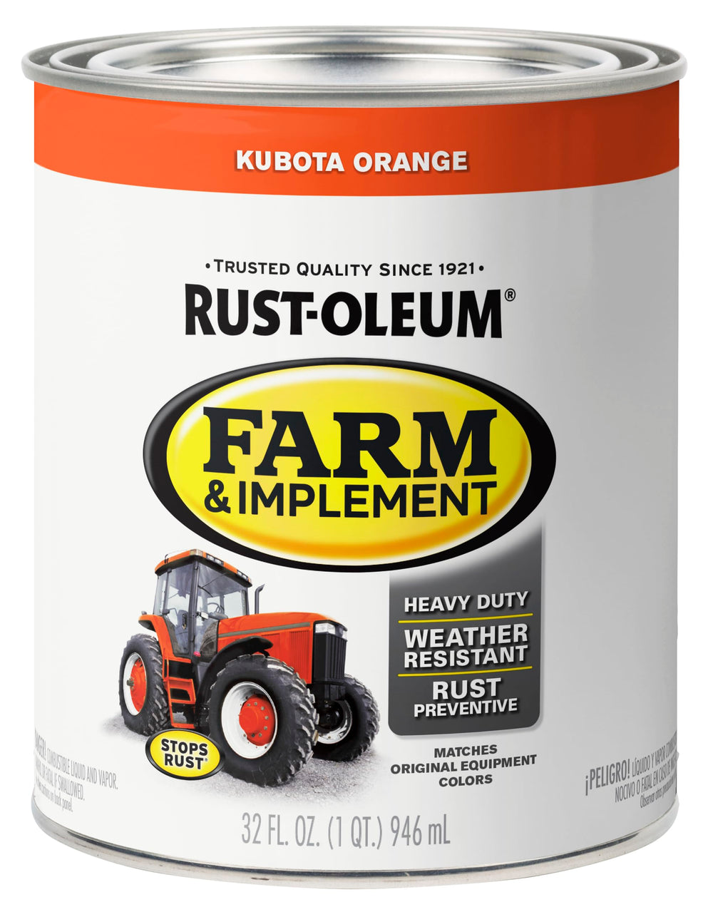 Brush stroke detail of Rust-Oleum Kubota orange showing texture and gloss retention