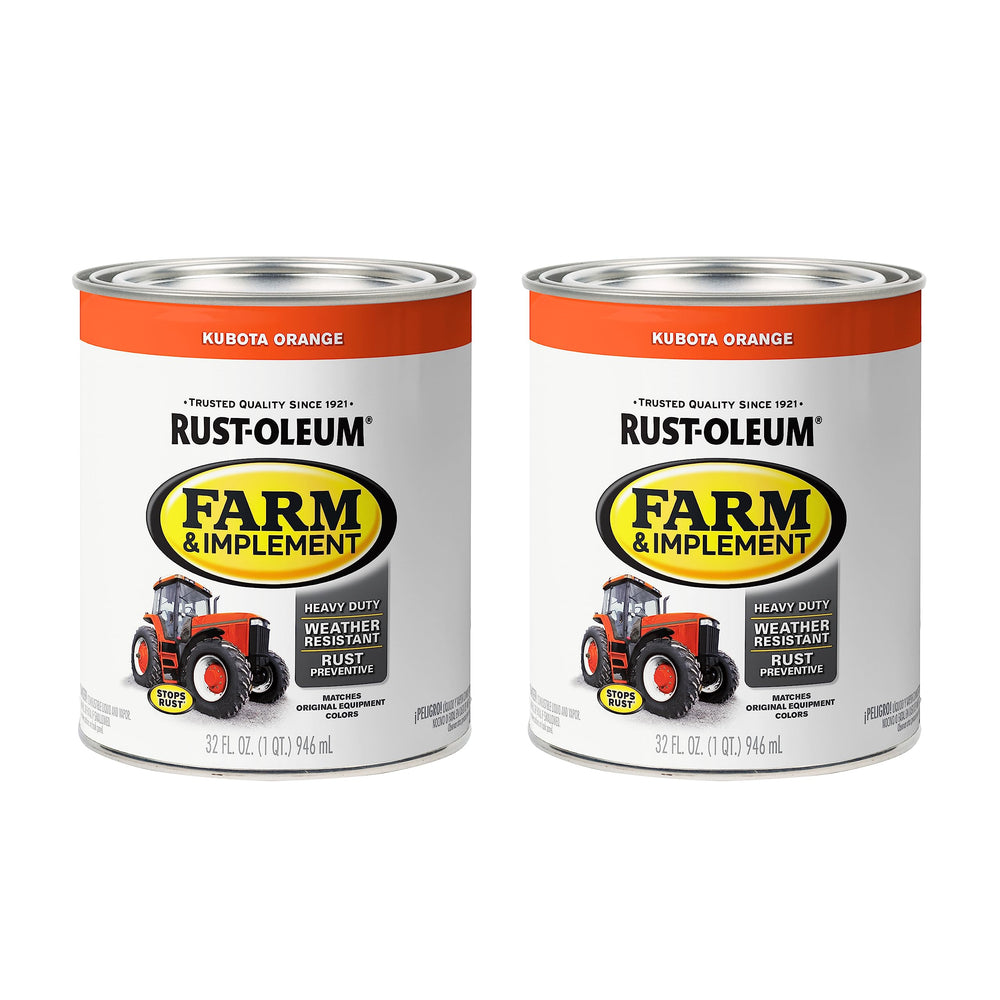 Rust-Oleum can of Kubota orange paint showing product branding and finish benefits