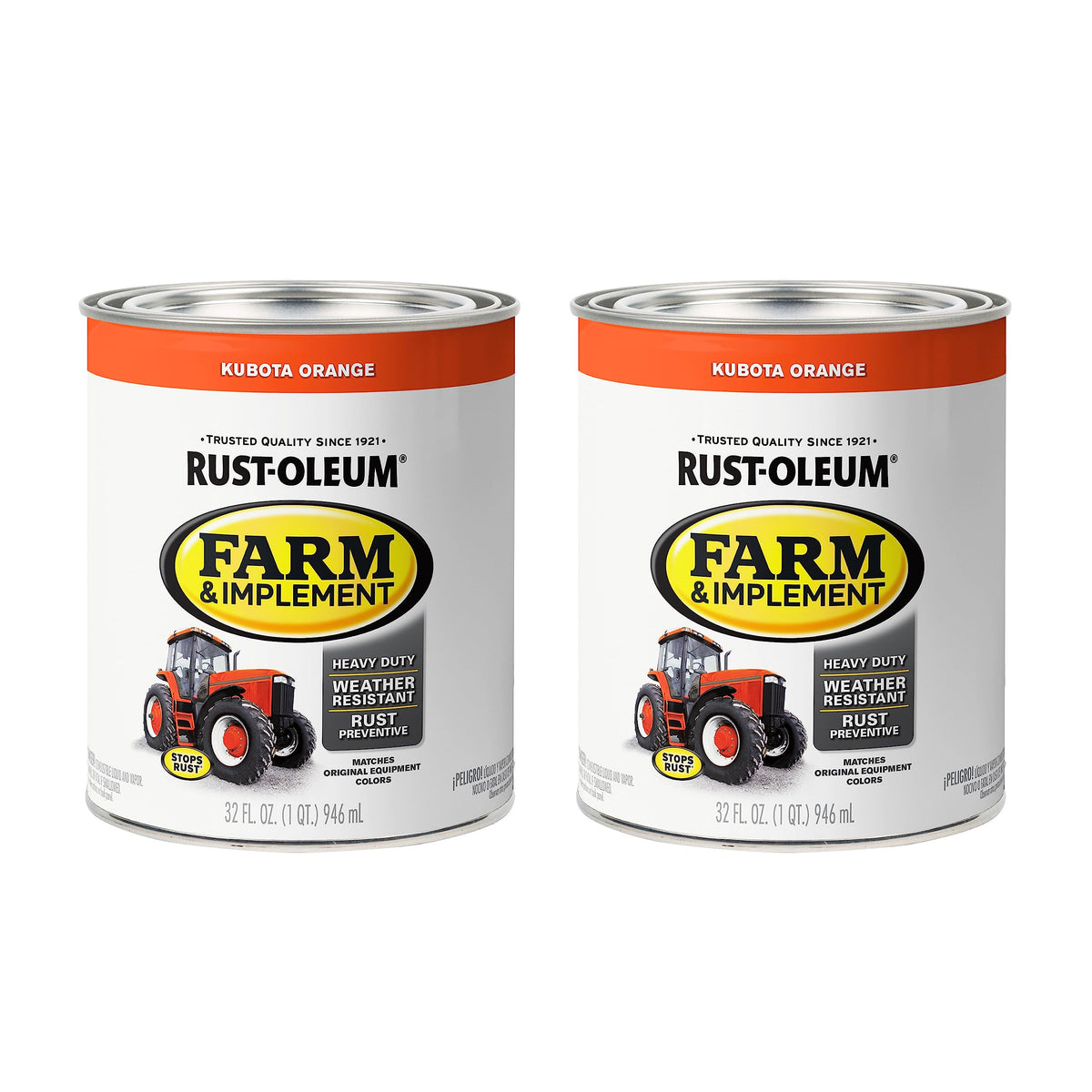Rust-Oleum can of Kubota orange paint showing product branding and finish benefits