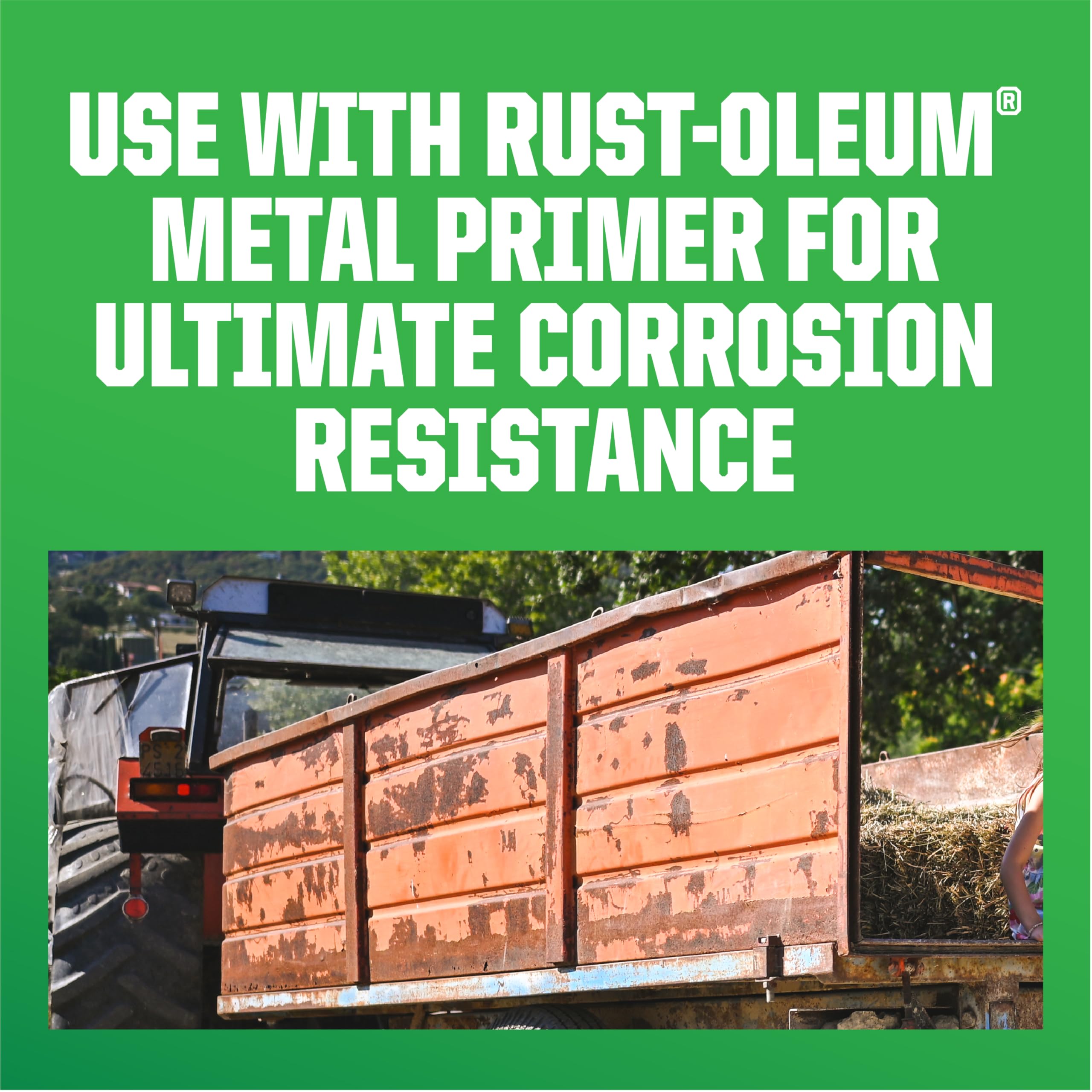 Product label close-up of Rust-Oleum Kubota orange showing usage instructions and tips
