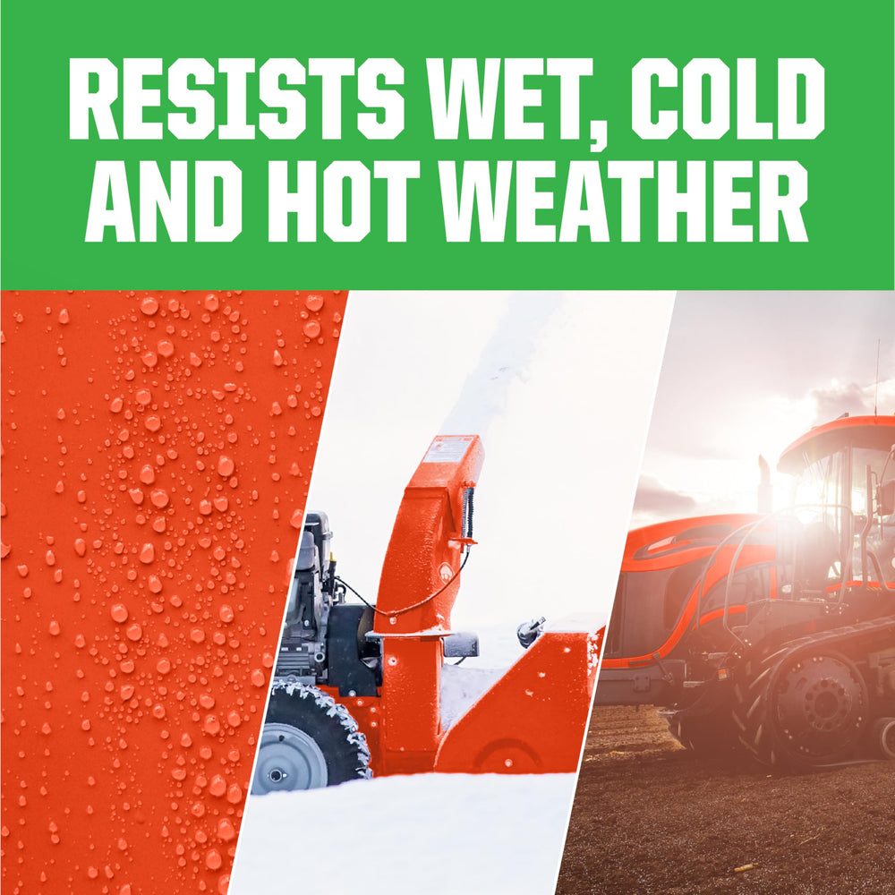 Spray application using Rust-Oleum Kubota orange paint on equipment for even coverage