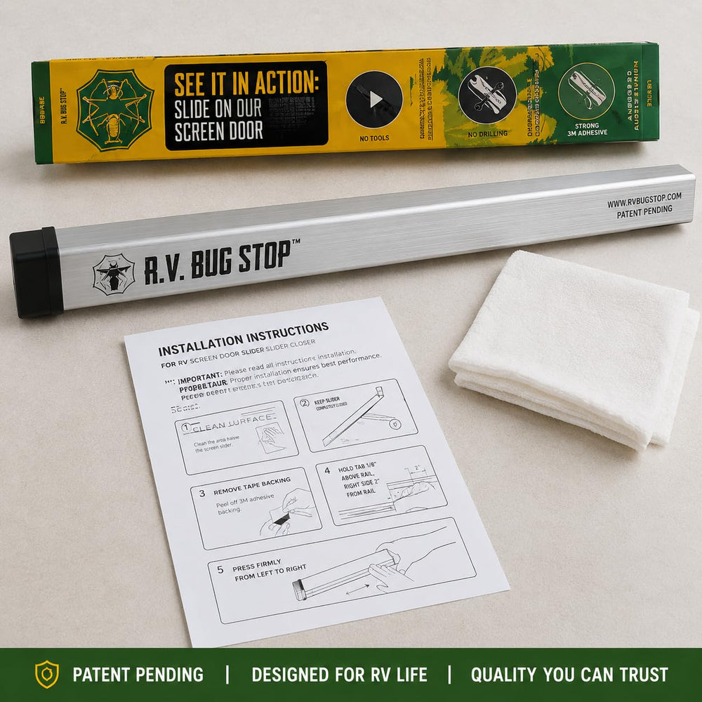 R.V. Bug Stop on an RV door at campsite improving comfort and cleanliness