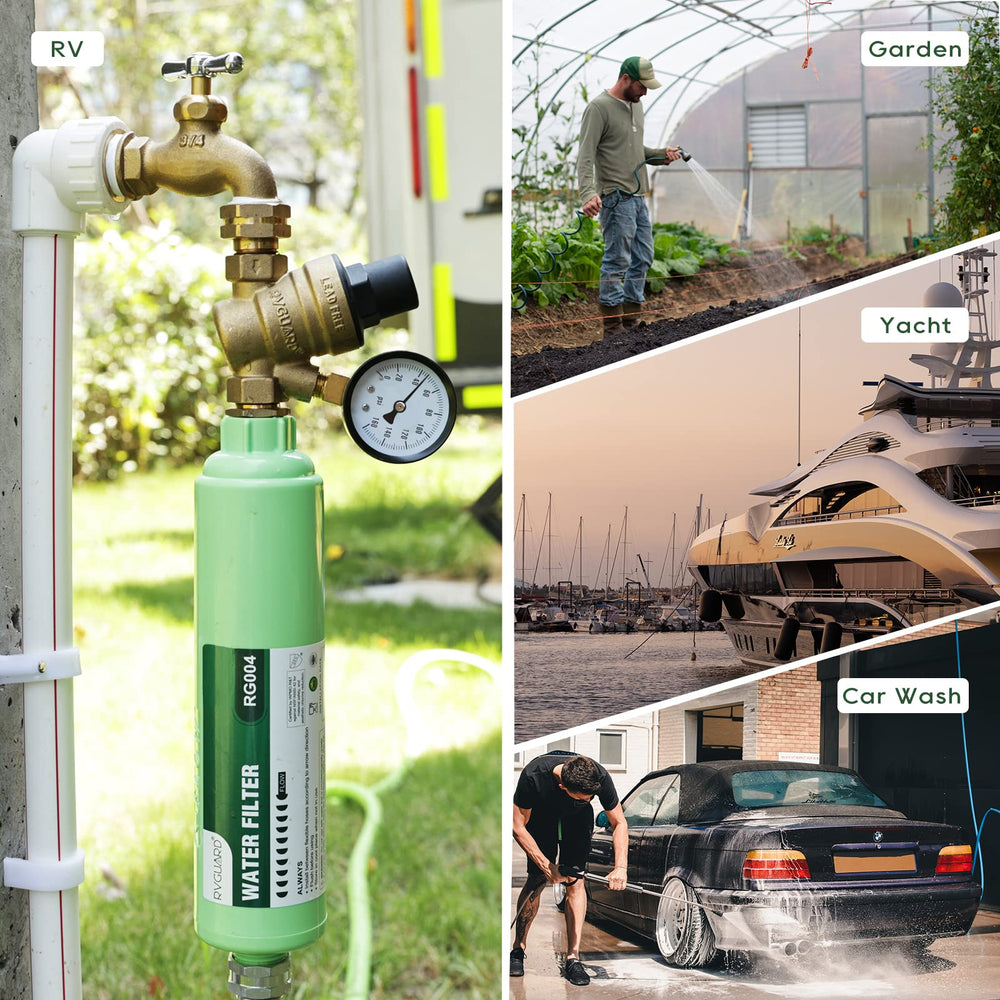 RVGUARD inline filter attached to a campsite hose demonstrating outdoor use
