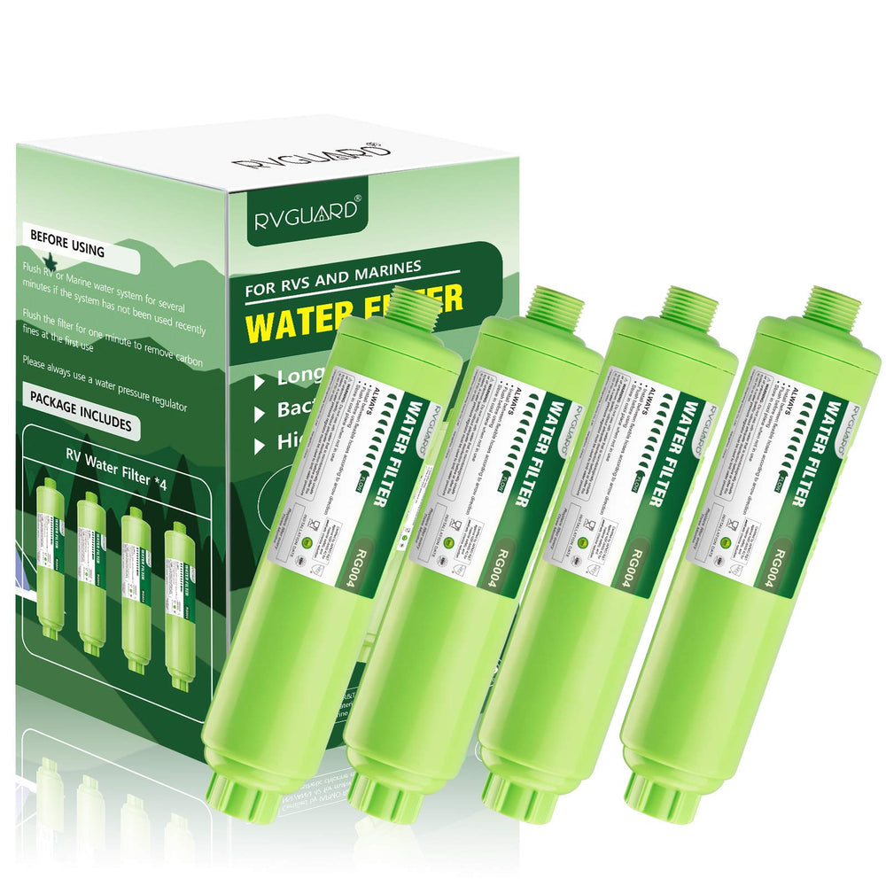 RVGUARD inline filter front packaging showing four filters and benefits for clean water