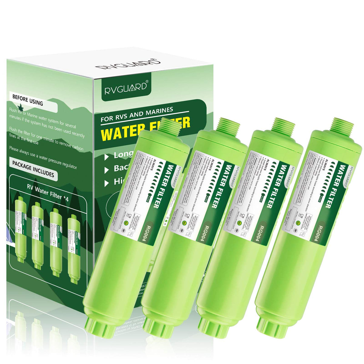 RVGUARD inline filter front packaging showing four filters and benefits for clean water