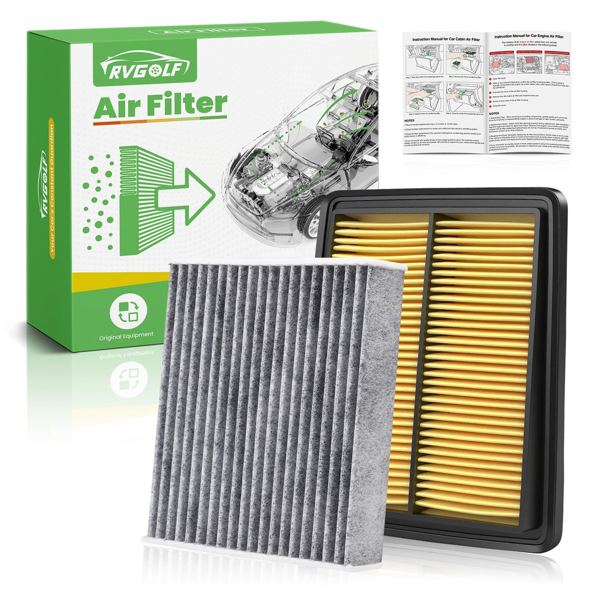 RVgolf front packaging showing engine and cabin filters, clear fitment