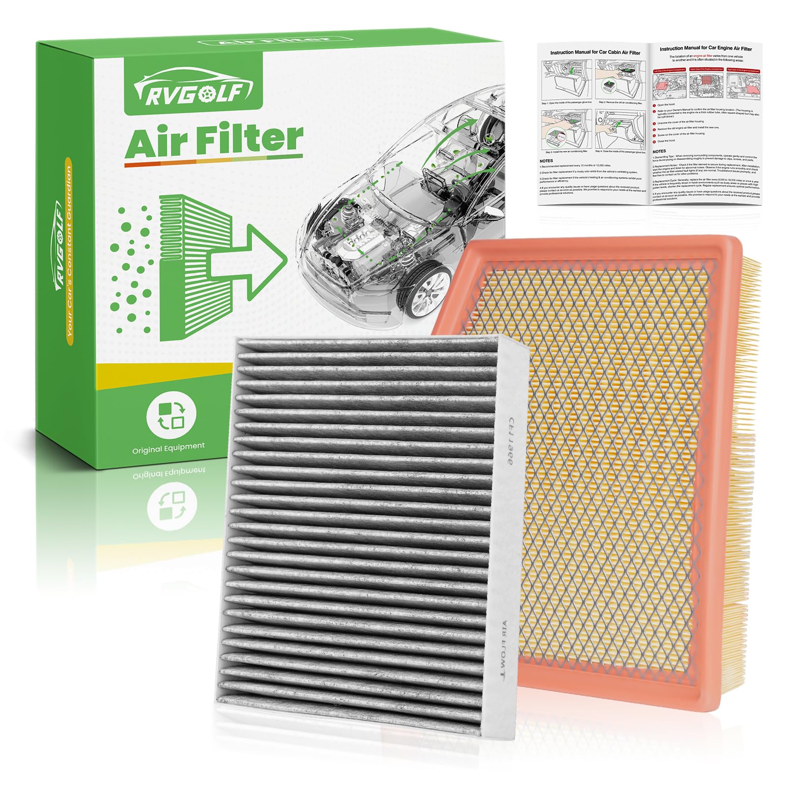 RVgolf front packaging showing both engine and cabin filters for quick identification and fit