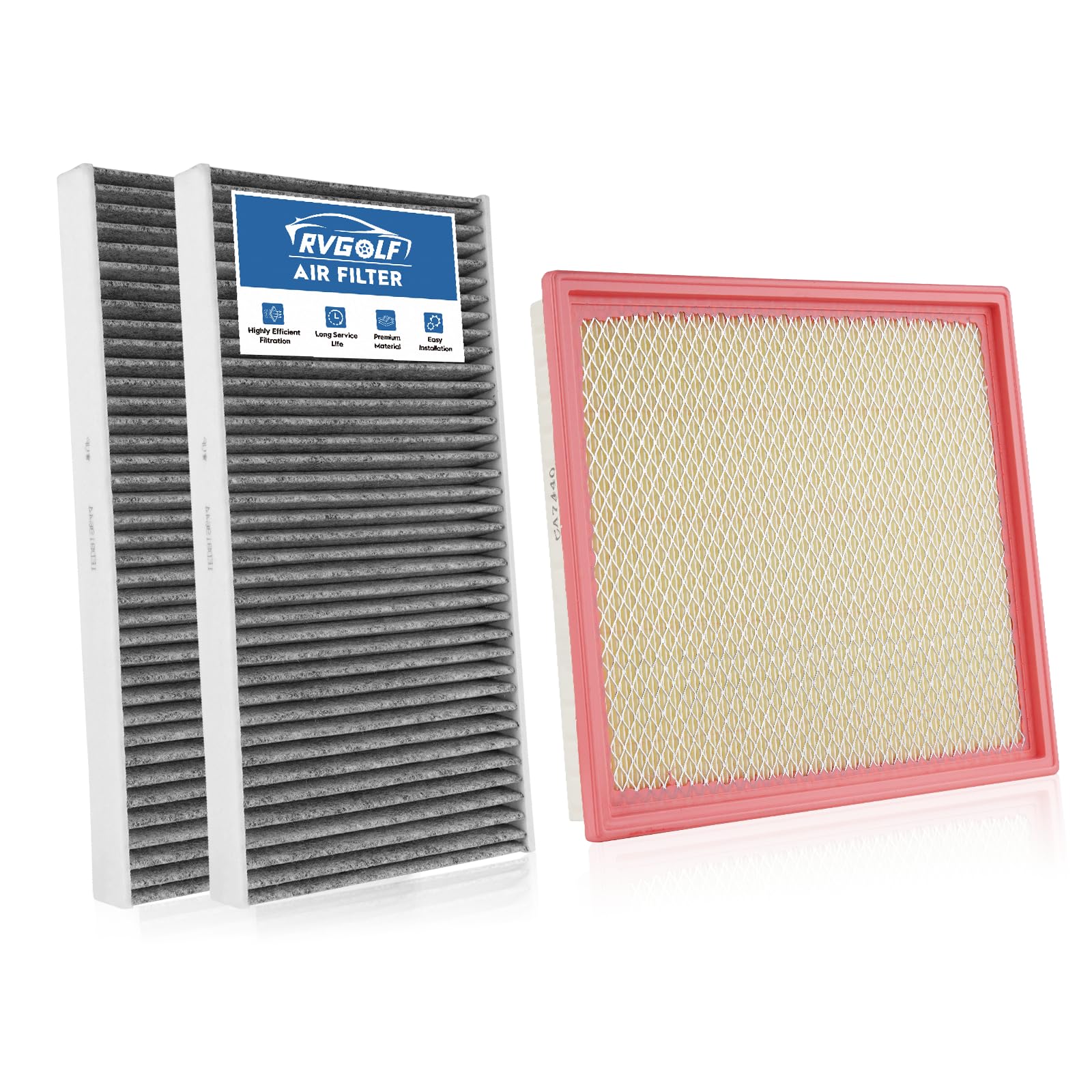 RVgolf front packaging showing engine and cabin filter set and clear fitment