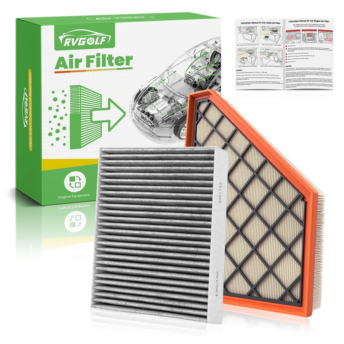 RVgolf front packaging showing engine and cabin filters, clear fitment info benefit