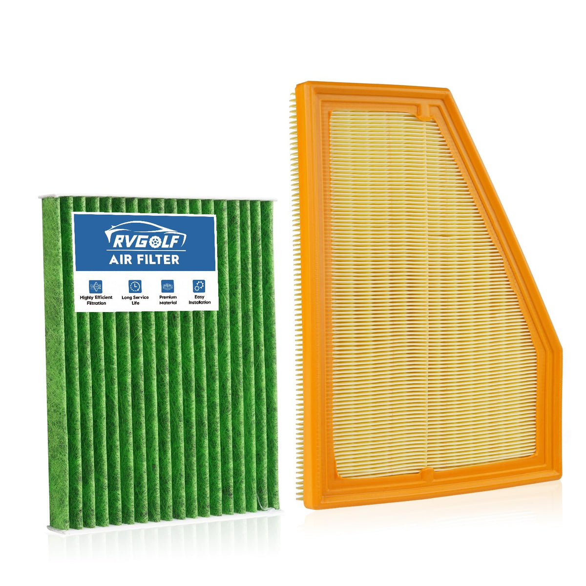 RVgolf front packaging showing both engine and cabin filters and easy identification benefit