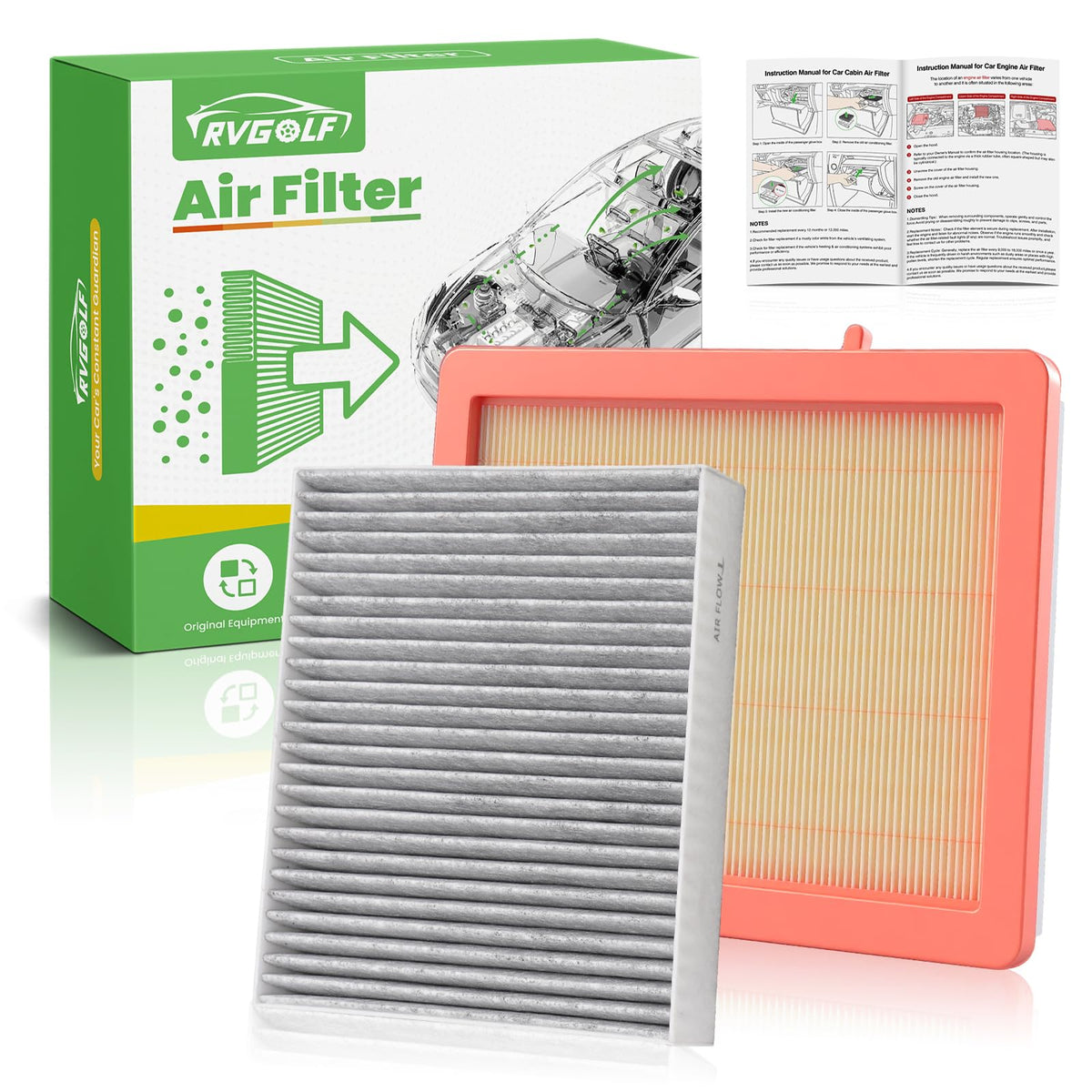 RVgolf front packaging showing engine and cabin filter set, ready for replacement