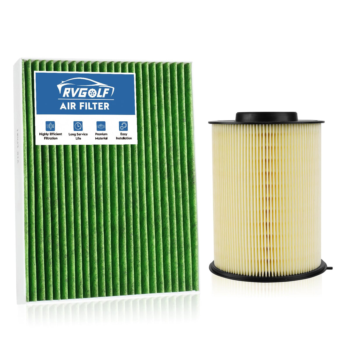 RVgolf front packaging showing engine and cabin filters, clear fitment labels and benefits