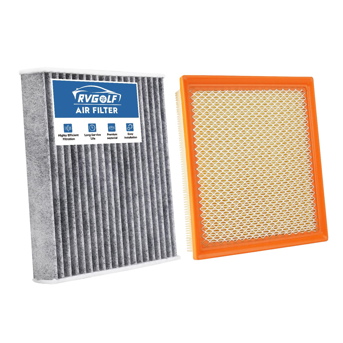 RVgolf front packaging showing both engine and cabin filters and easy fit