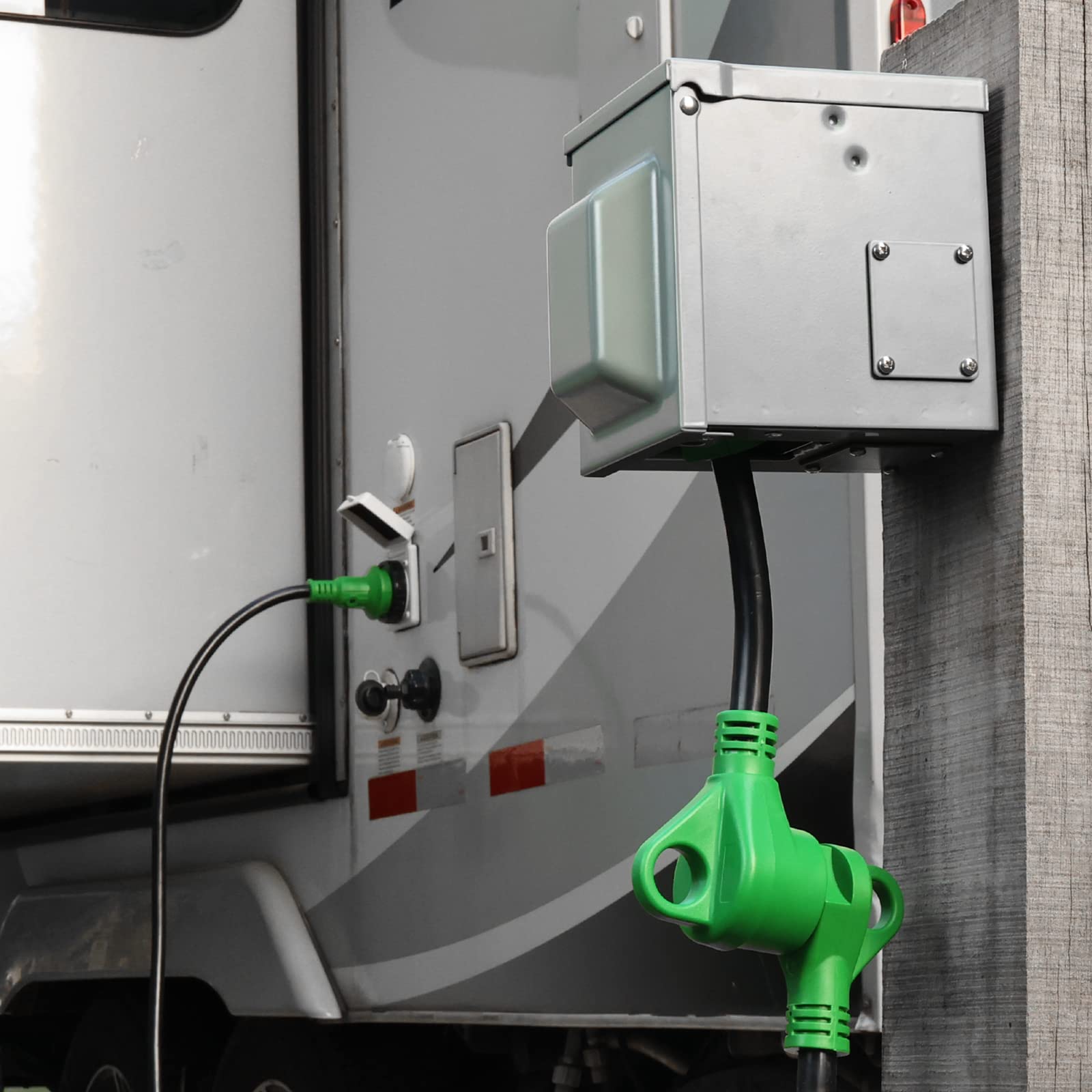 RVGUARD close-up of 14-50P and TT-30R connectors for secure electrical contact benefit