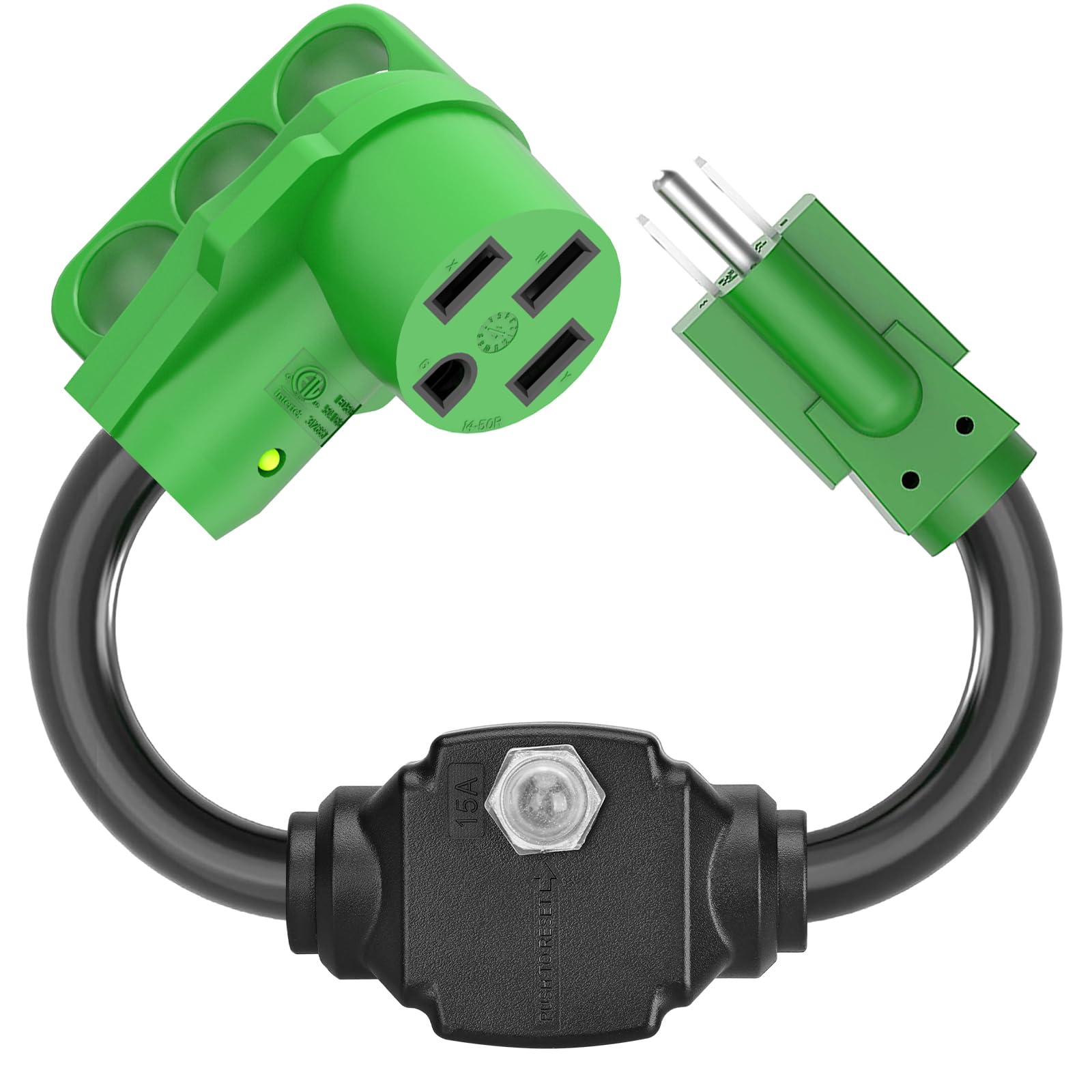 RVGUARD front view of 50A to 110V adapter showing connectors and LED indicator for safe conversion