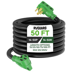 RVGUARD front view showing NEMA 14-50 plug ends and robust connectors for reliable power