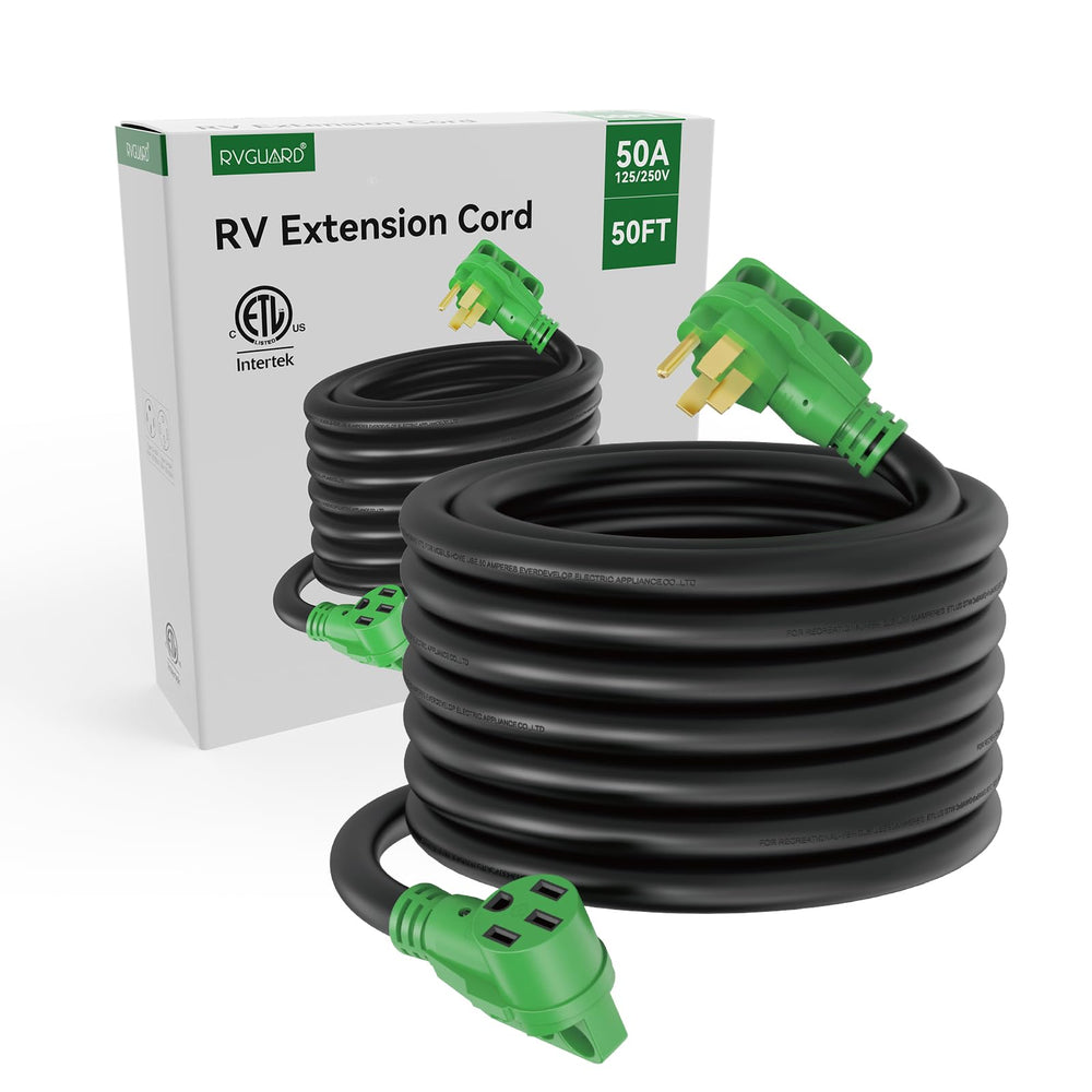 RVGUARD extension cord in use at a campsite providing extra reach and dependable power