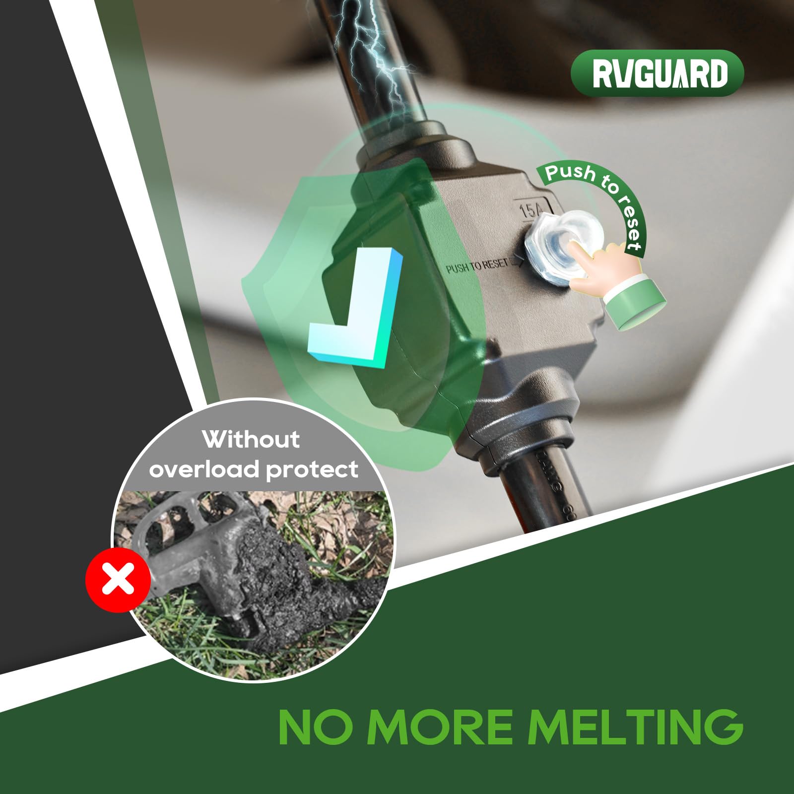 RVGUARD illuminated LED power indicator and reset button to confirm power and restore after trip