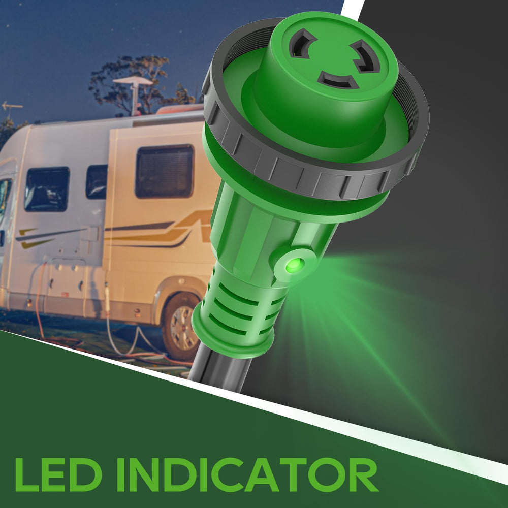 RVGUARD adapter in use at campsite powering lights from a household outlet to maintain battery