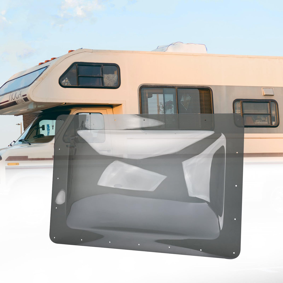 RVGUARD skylight front view smoke tint showing sleek dome and light control benefit