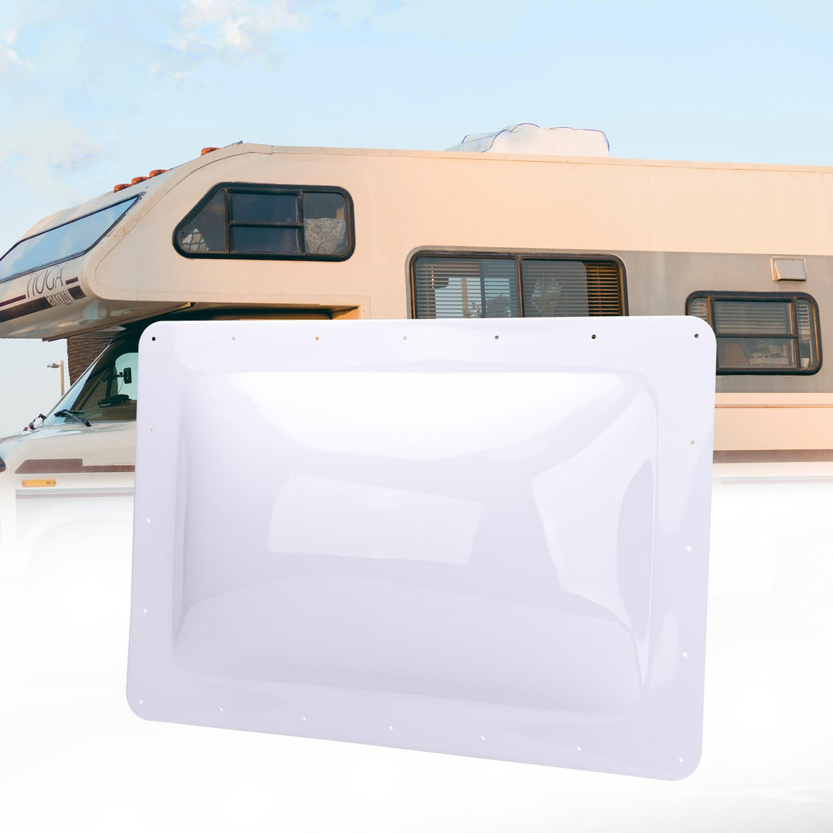 RVGUARD skylight front view showing clean white dome and mounting flange for quick replacement