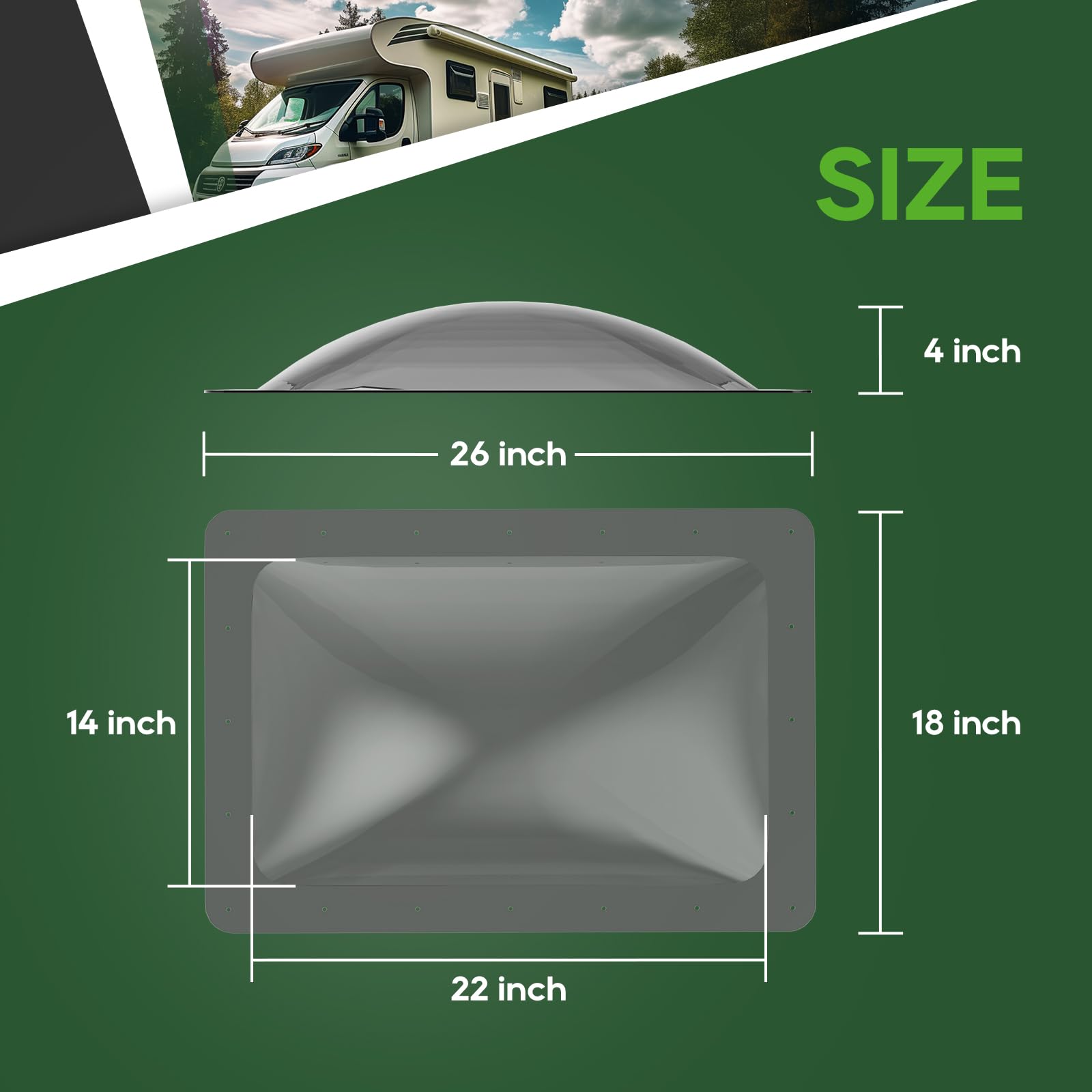 RVGUARD skylight next to ruler showing 18x26 size for correct fit benefit