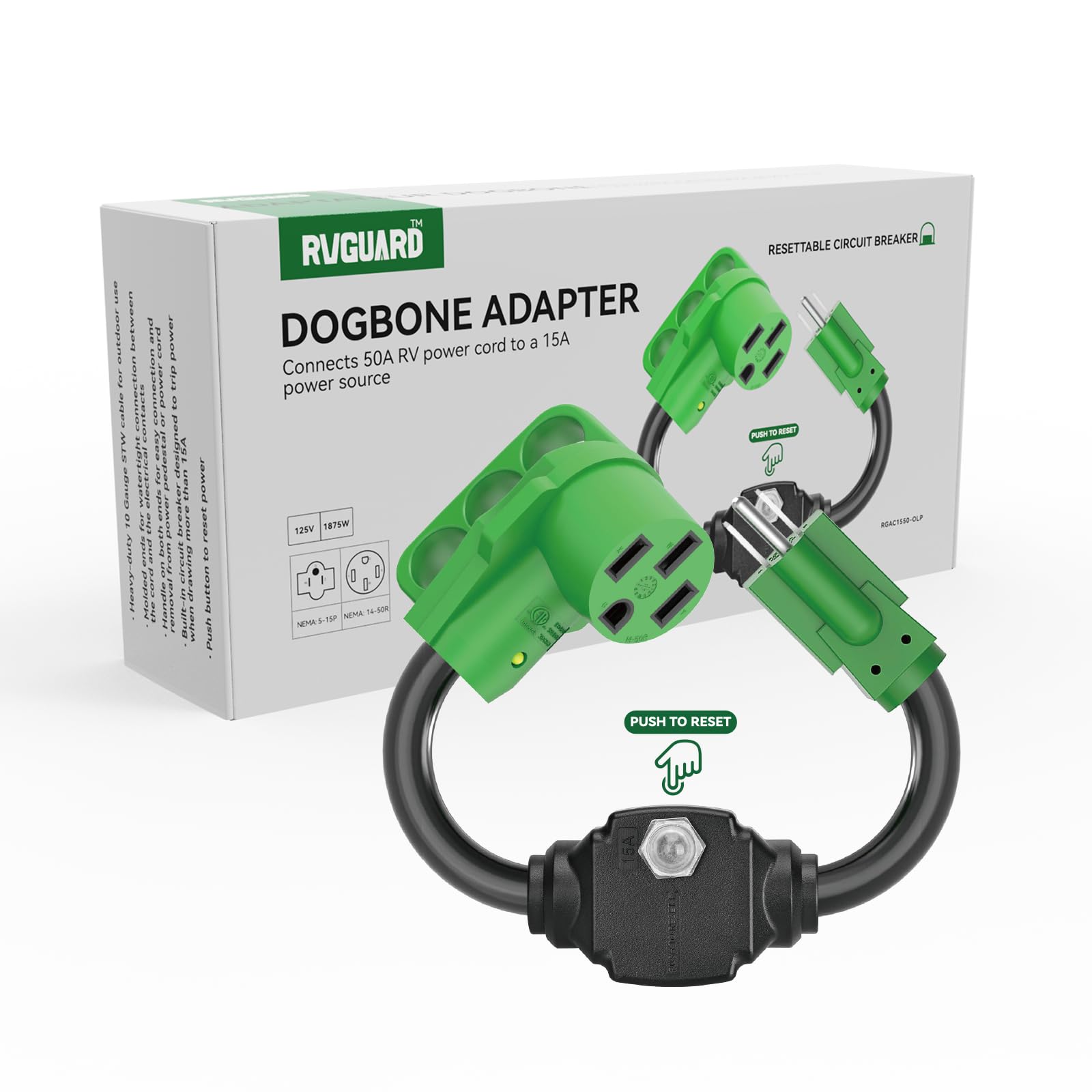 RVGUARD adapter coiled in RV storage compartment showing organized storage and portability