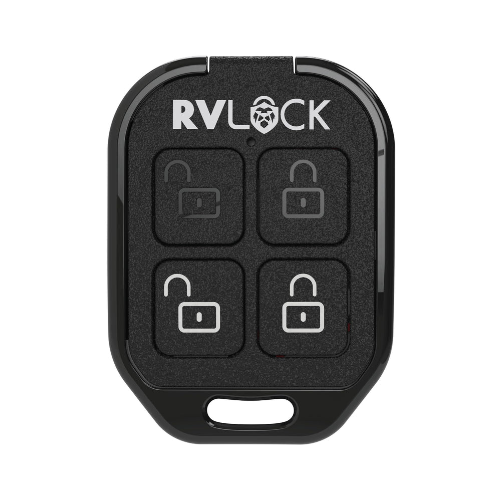 RVLock remote near RV entry door illustrating convenient remote unlocking on the road