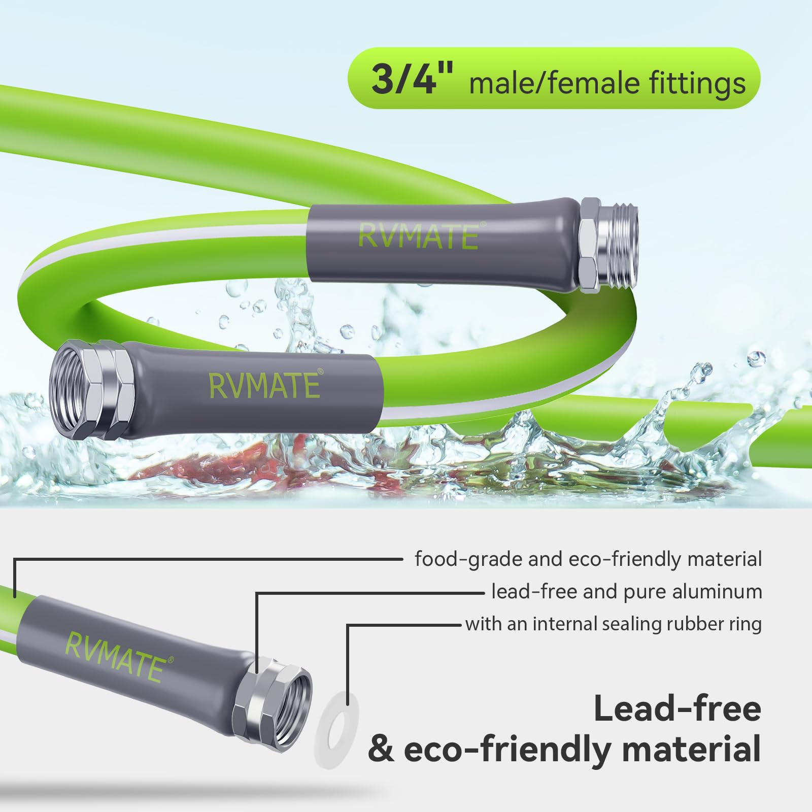 RVMATE close-up of 3/4" aluminum connector highlighting durable leak-resistant fitting