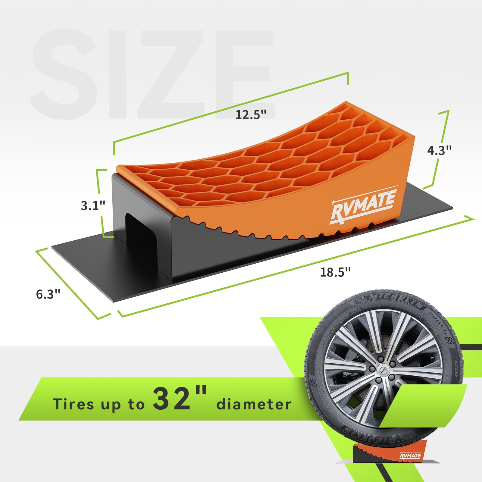 RVMATE close-up of orange curved leveler showing ramp profile and interlocking teeth for stability