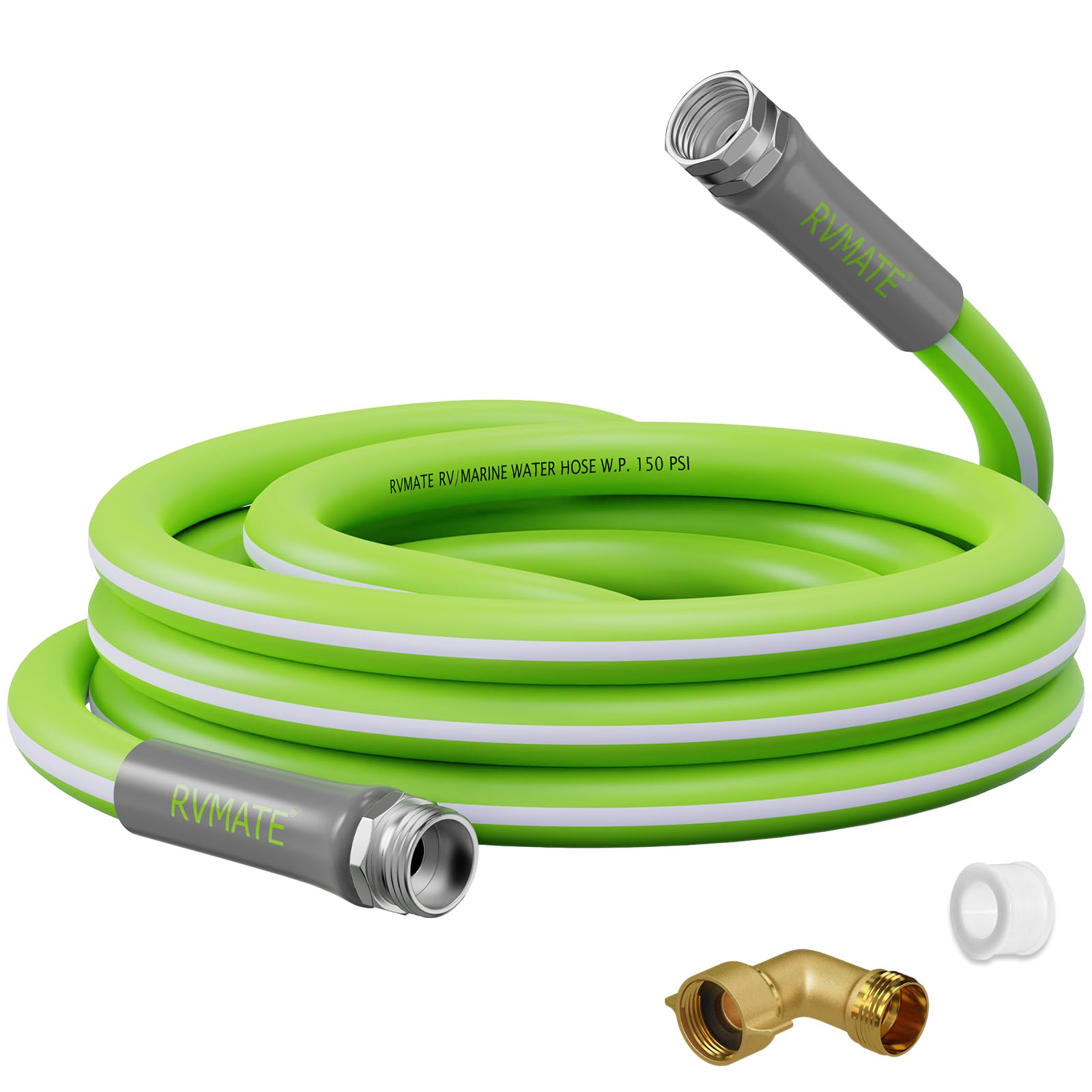 RVMATE front view of coiled hose showing compact packaging and travel-ready benefit