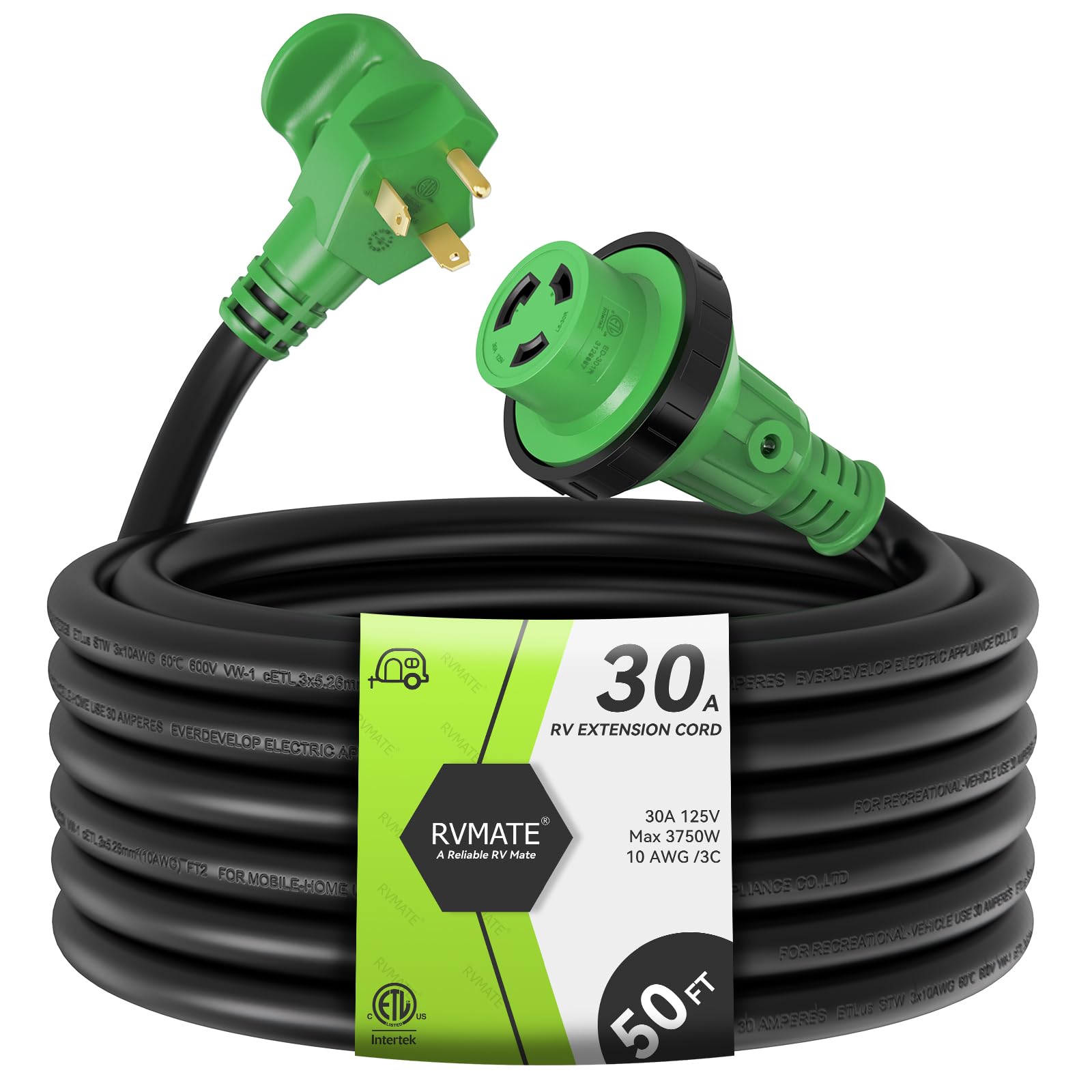 RVMATE front plug and full 50ft cable showing durable jacket and connectors