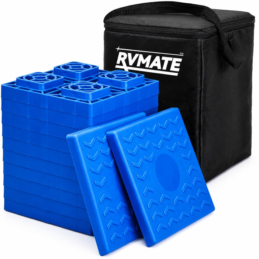 RVMATE front view of packaged kit showing complete leveling set and portability