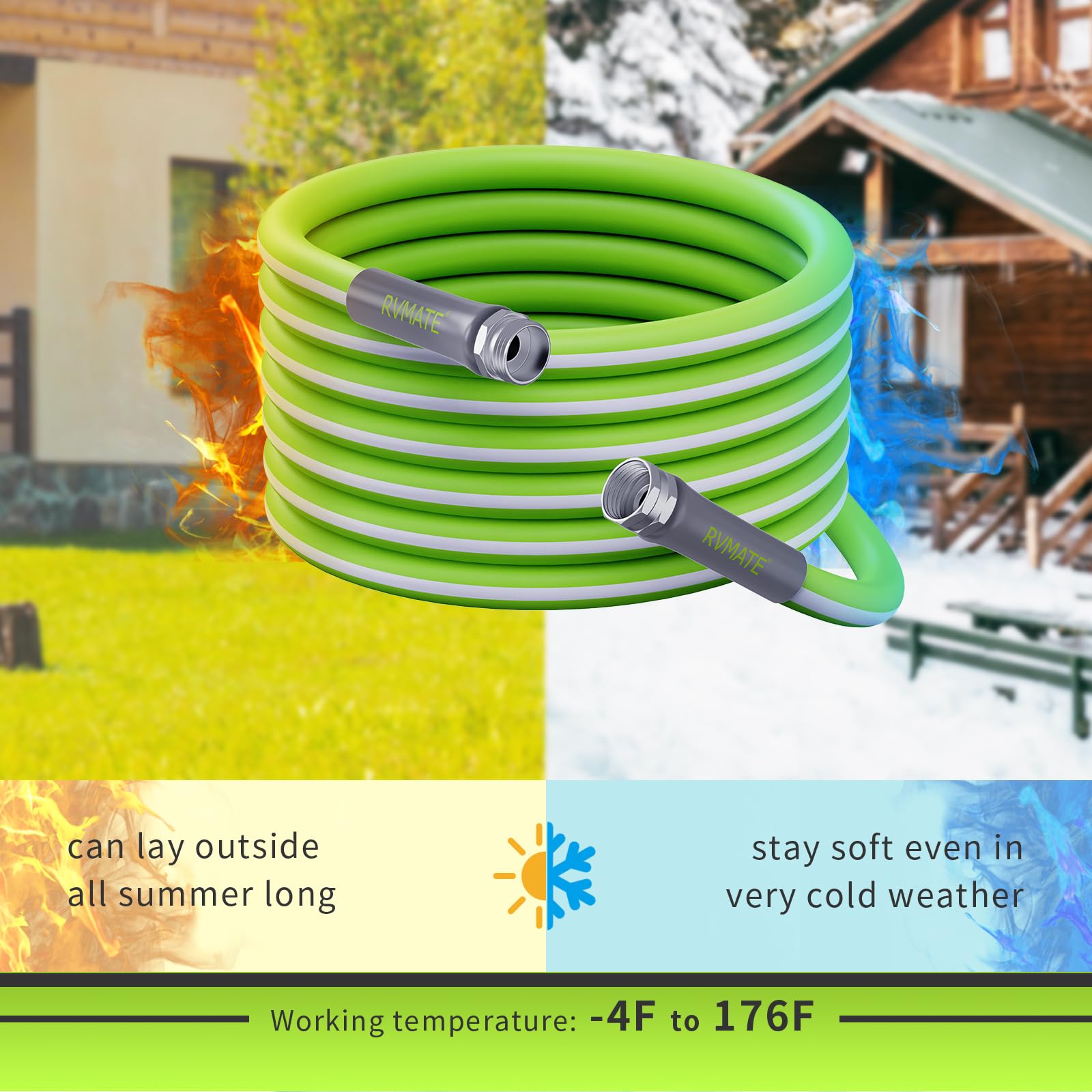 RVMATE hose connected to RV spigot showing safe potable water delivery on site