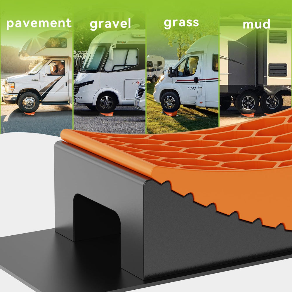 RVMATE leveler in use under an RV tire showing safe lift and easier leveling on-site