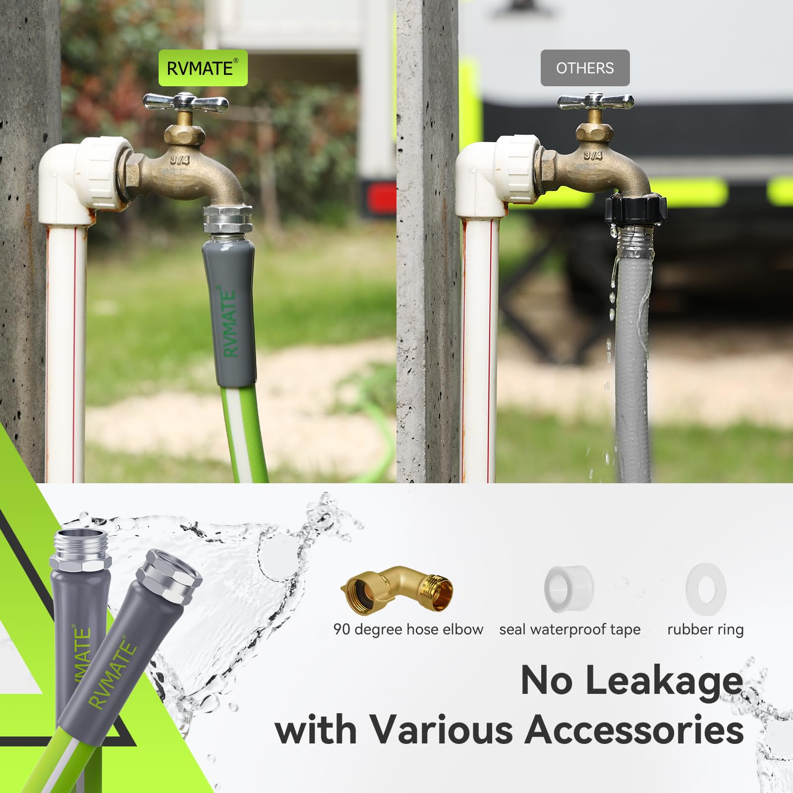 RVMATE hose beside tape measure showing 15ft length for easy planning