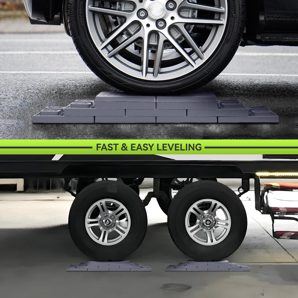 RVMATE blocks stacked under trailer wheel demonstrating safe leveling