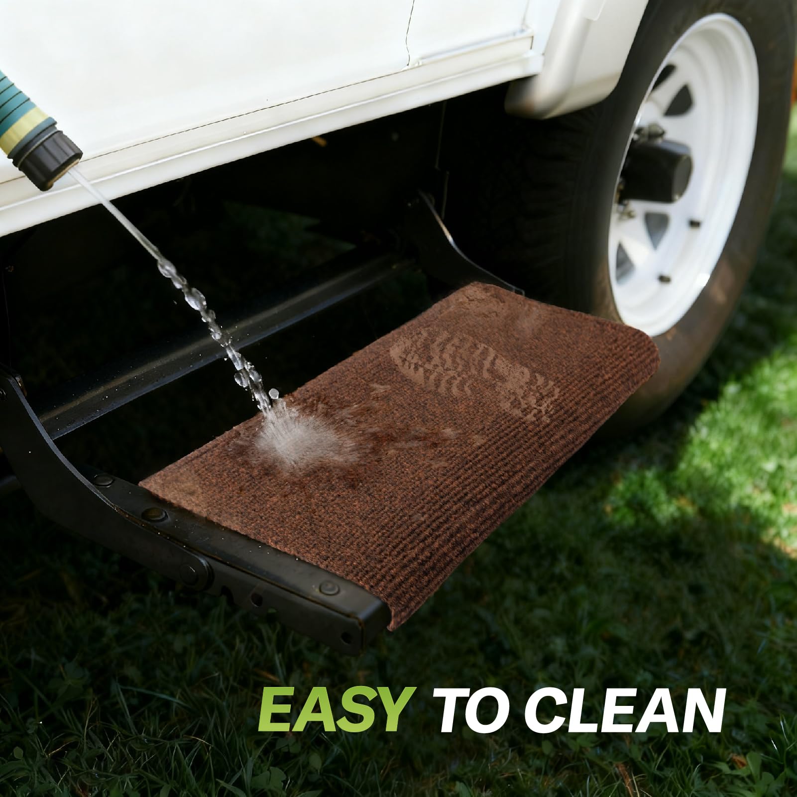 RVMATE family using RV step rug for safer, cleaner entry