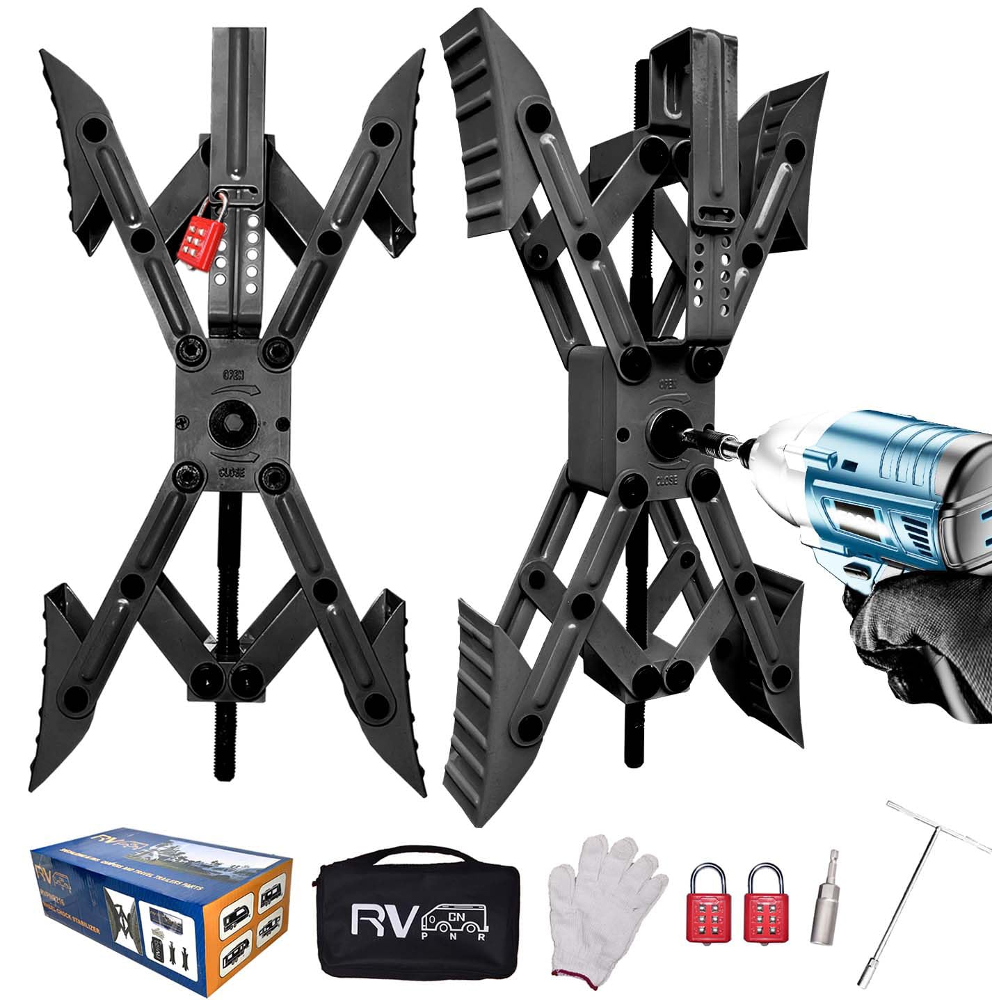 RVPNR front view of packaged X chock set showing included tools and bag for easy transport and storage