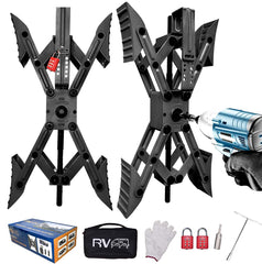 RVPNR front view of packaged X chock set showing included tools and bag for easy transport and storage