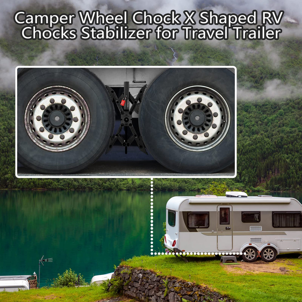 RVPNR X chock placed between tandem trailer wheels showing reduced movement and stable stance
